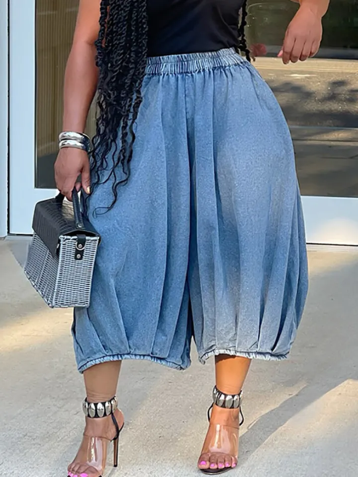 Elastic Waist Wide Leg Cropped Denim Jeans