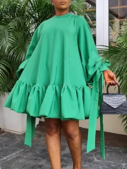 Elegant Bubble Sleeve Solid Color Dress