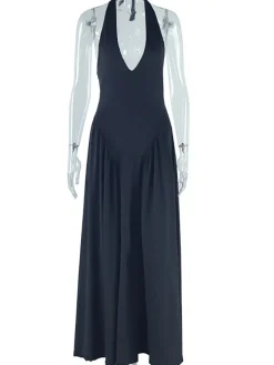 Elegant Halter Neck Solid Color Dress