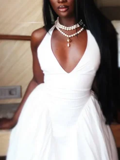 Elegant Halter Neck Solid Color Dress