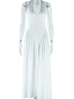 Elegant Halter Neck Solid Color Dress