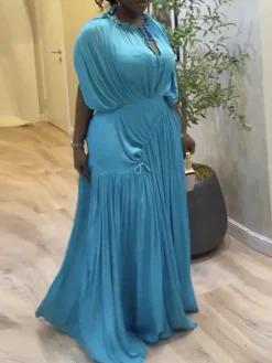 Elegant Pleated Drawstring Waist Maxi Dress