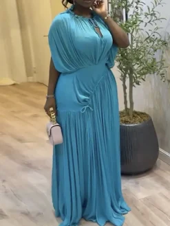 Elegant Pleated Drawstring Waist Maxi Dress