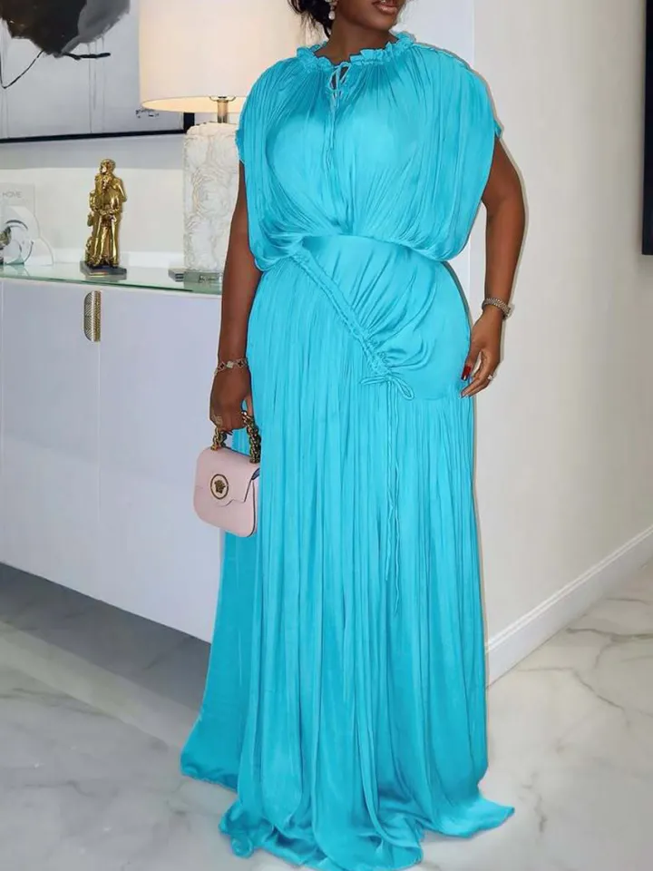 Elegant Pleated Drawstring Waist Maxi Dress