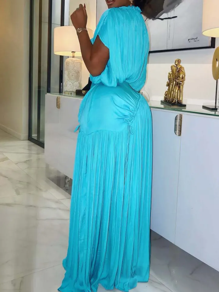 Elegant Pleated Drawstring Waist Maxi Dress
