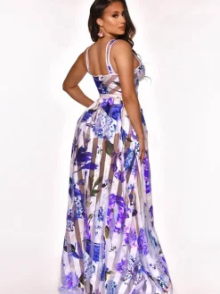 Elegant Sheer Mesh Patchwork Floral Print Beach Dress