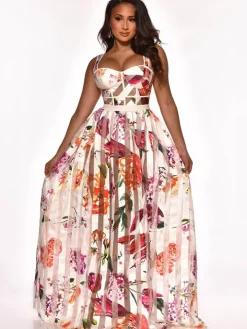 Elegant Sheer Mesh Patchwork Floral Print Beach Dress