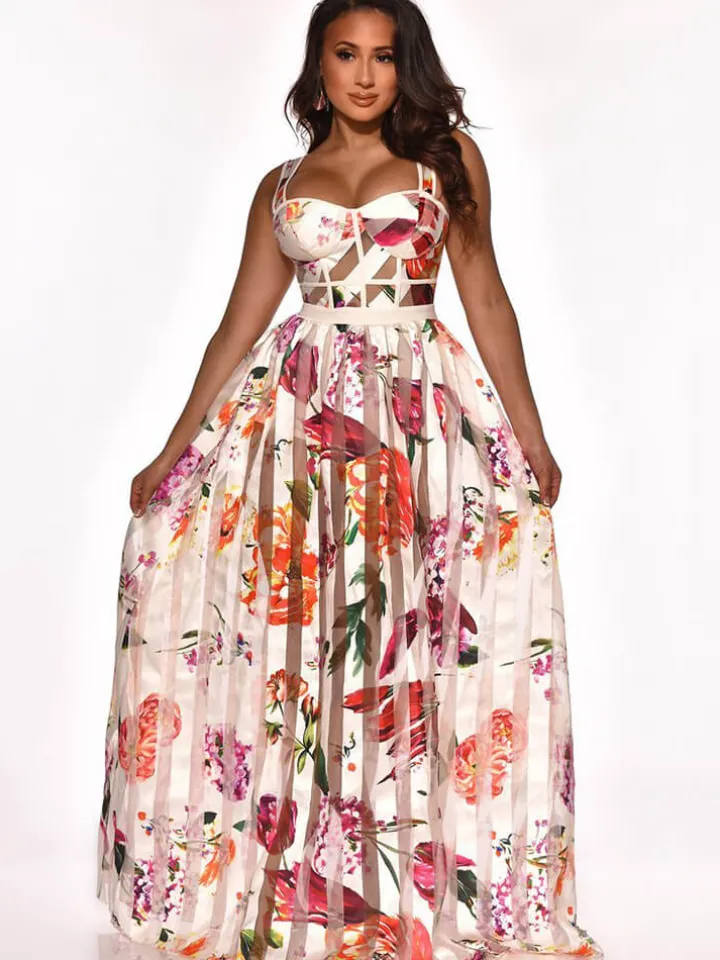 Elegant Sheer Mesh Patchwork Floral Print Beach Dress