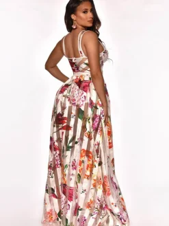 Elegant Sheer Mesh Patchwork Floral Print Beach Dress