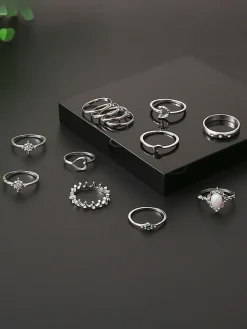 Eleven Piece Pearl Rhinestone Rings Set