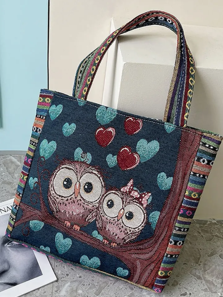 Embroidered Owl Floral Print Shoulder Bag