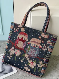 Embroidered Owl Floral Print Shoulder Bag
