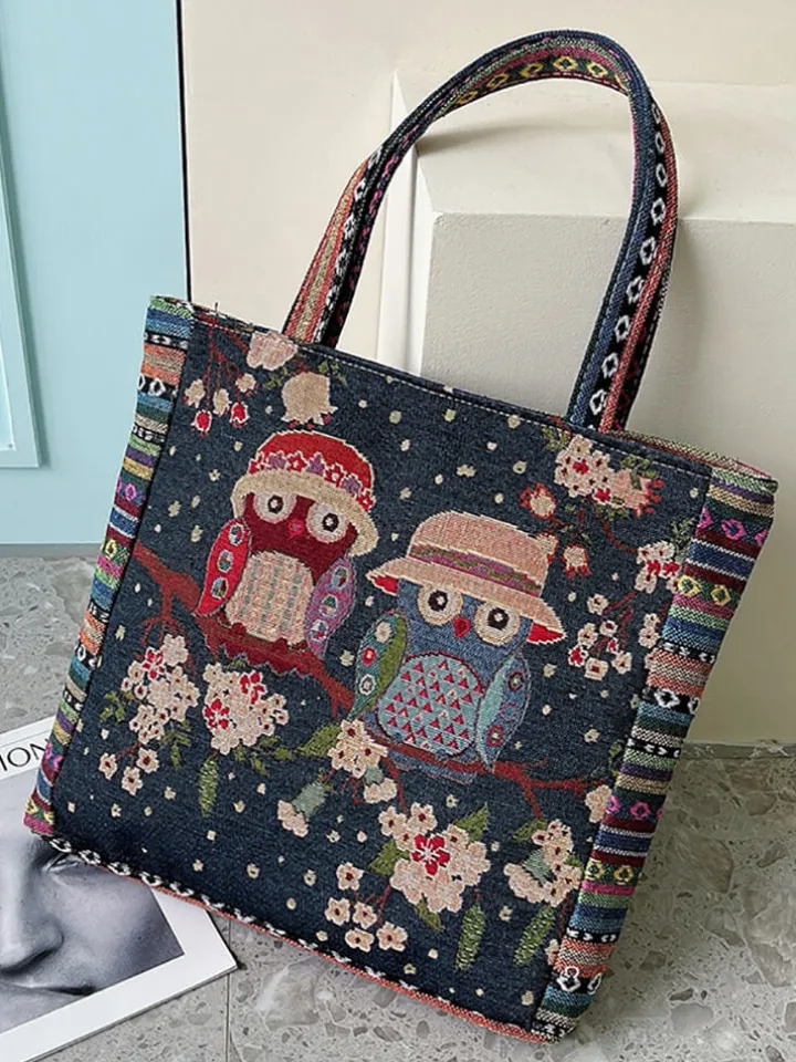 Embroidered Owl Floral Print Shoulder Bag