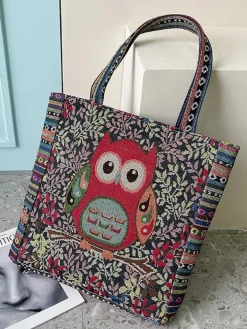 Embroidered Owl Floral Print Shoulder Bag