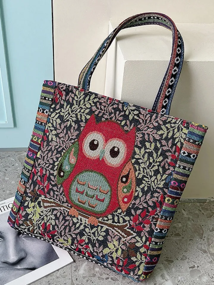 Embroidered Owl Floral Print Shoulder Bag