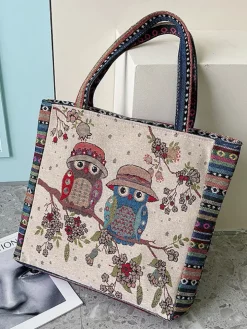 Embroidered Owl Floral Print Shoulder Bag