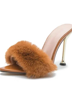 Faux Rabbit Fur Stiletto High Heel Sandals