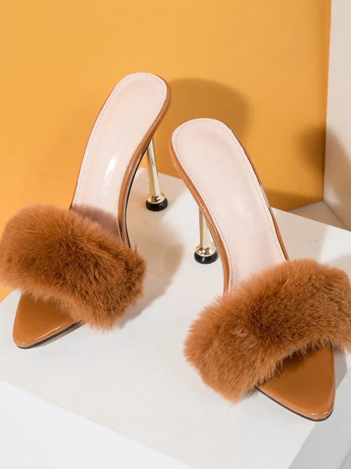 Faux Rabbit Fur Stiletto High Heel Sandals