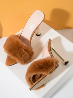 Faux Rabbit Fur Stiletto High Heel Sandals