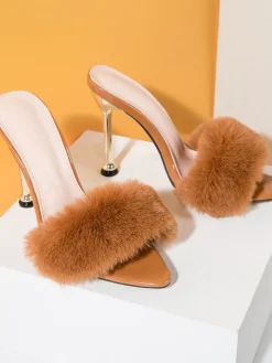Faux Rabbit Fur Stiletto High Heel Sandals