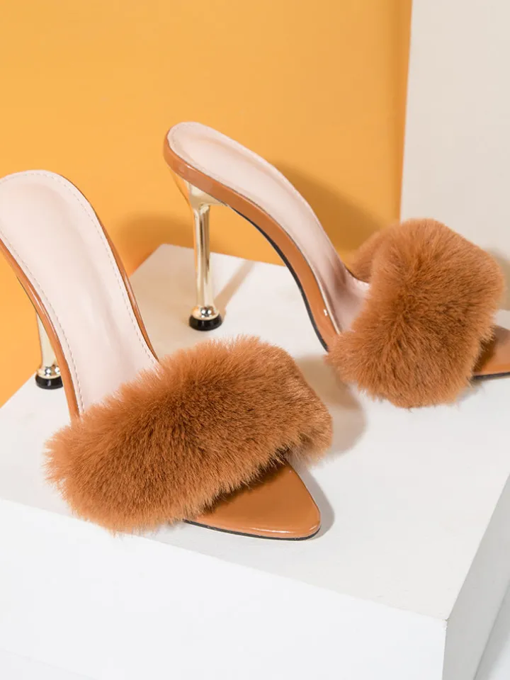 Faux Rabbit Fur Stiletto High Heel Sandals