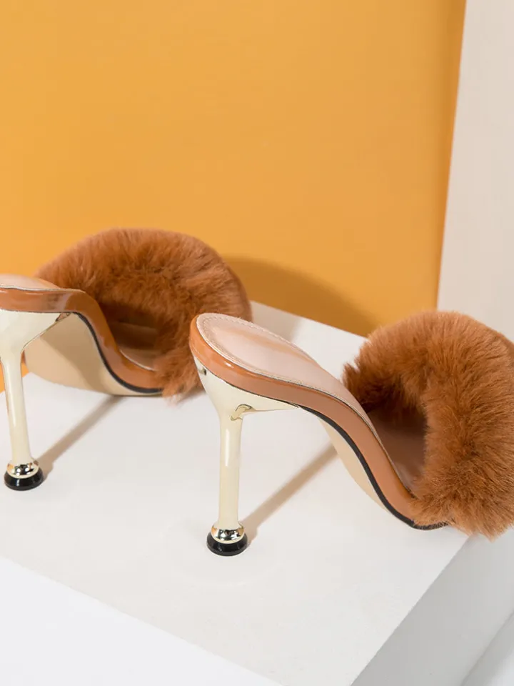 Faux Rabbit Fur Stiletto High Heel Sandals