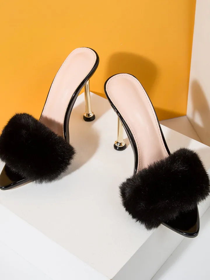 Faux Rabbit Fur Stiletto High Heel Sandals