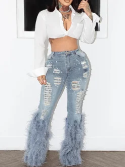 Feather Beaded Distressed Flare Jeans