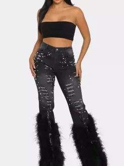 Feather Beaded Distressed Flare Jeans