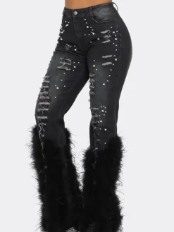 Feather Beaded Distressed Flare Jeans