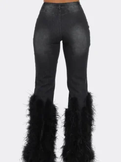 Feather Beaded Distressed Flare Jeans