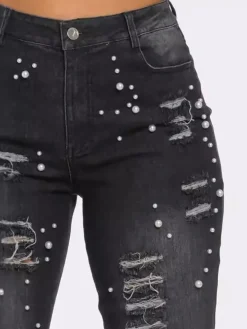 Feather Beaded Distressed Flare Jeans