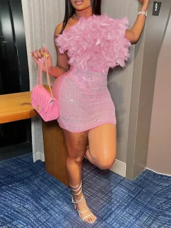 Feather Rhinestone Strapless Mini Dress