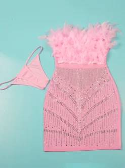 Feather Rhinestone Strapless Mini Dress