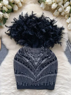 Feather Rhinestone Strapless Mini Dress