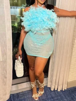 Feather Rhinestone Strapless Mini Dress