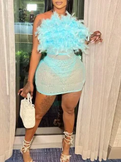 Feather Rhinestone Strapless Mini Dress
