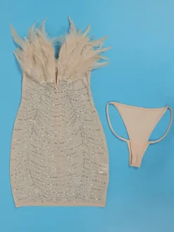 Feather Rhinestone Strapless Mini Dress