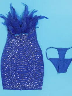 Feather Rhinestone Strapless Mini Dress