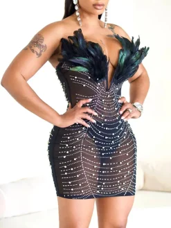 Feather Rhinestone Strapless Mini Dress