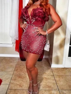 Feather Rhinestone Strapless Mini Dress