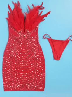 Feather Rhinestone Strapless Mini Dress
