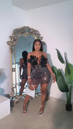 Feather Rhinestone Strapless Mini Dress