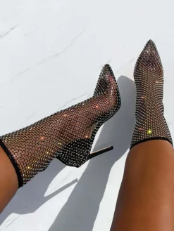 Fishnet Hollow Out Rhinestone Heel Boots
