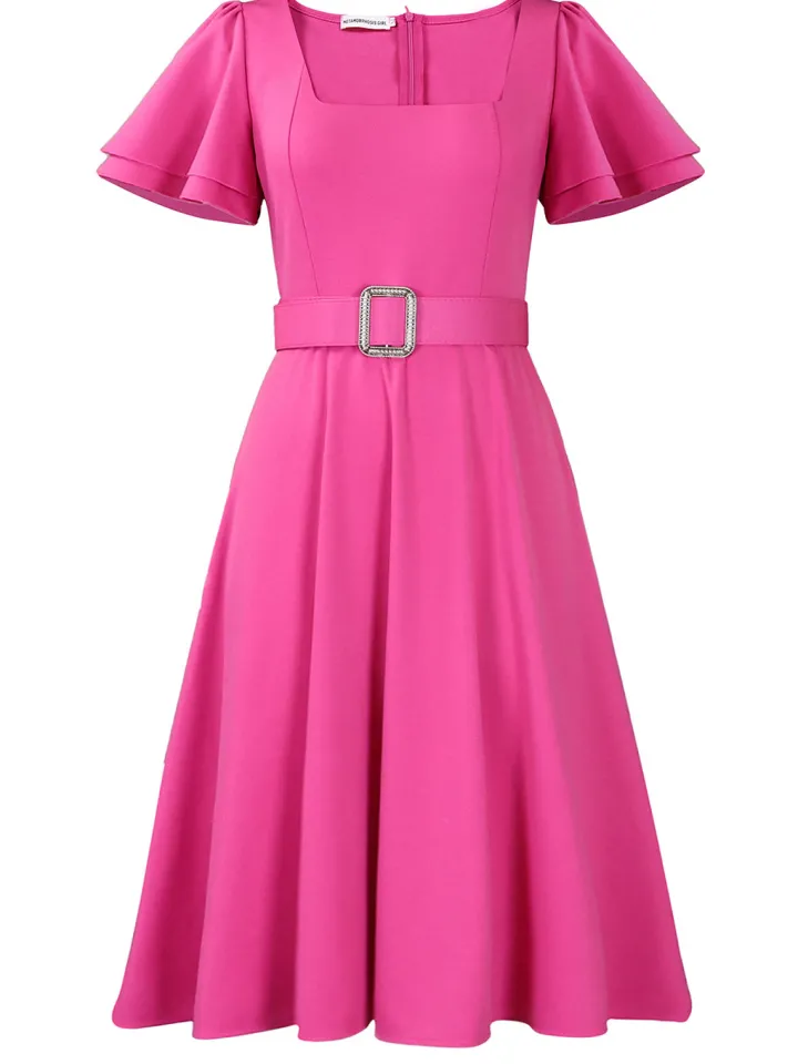 Flared Sleeve Square Neck Midi Dress with Belt