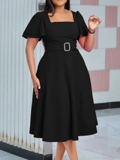 Flared Sleeve Square Neck Midi Dress with Belt