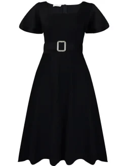 Flared Sleeve Square Neck Midi Dress with Belt