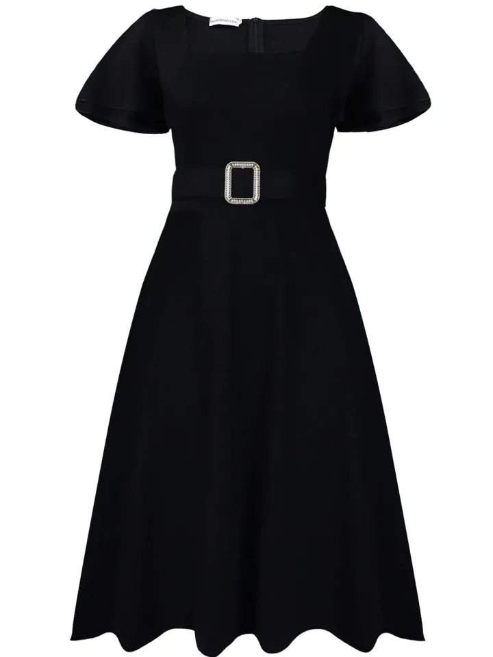 Flared Sleeve Square Neck Midi Dress with Belt