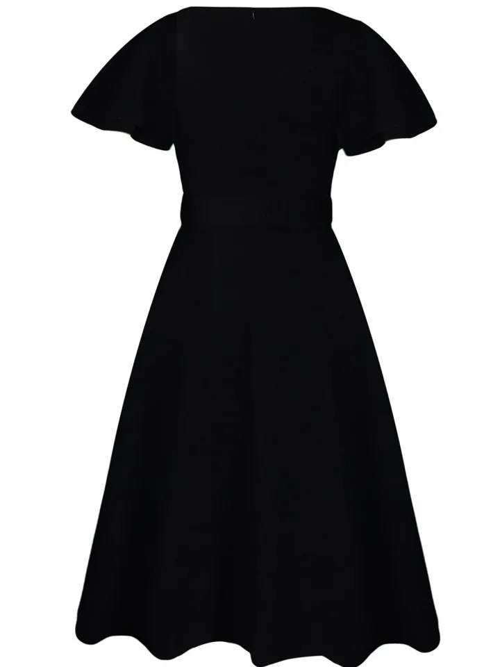 Flared Sleeve Square Neck Midi Dress with Belt