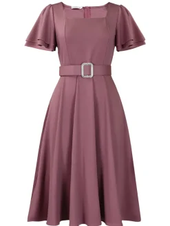 Flared Sleeve Square Neck Midi Dress with Belt